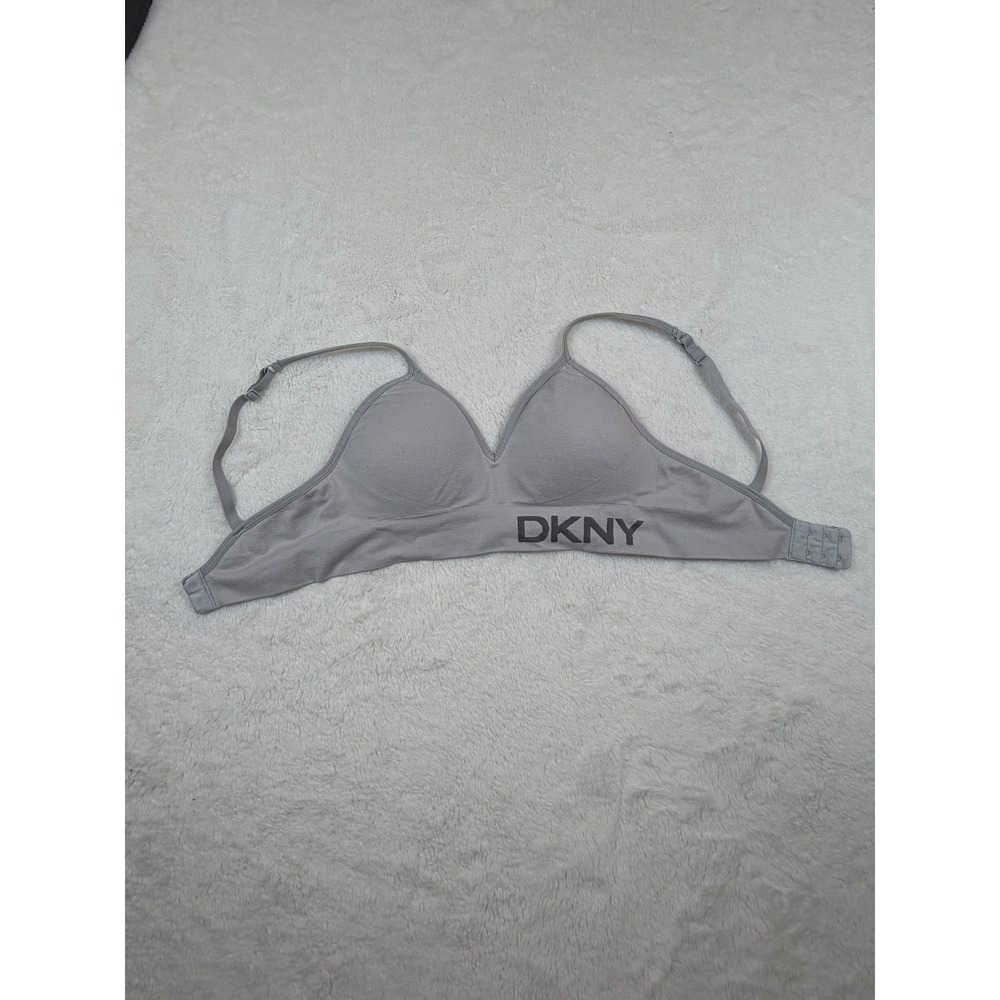DKNY Gray Wireless Molded Cup Bra Bralette Small Logo Band Adjustable Straps